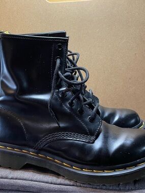 Dr. Martens Black Leather Lace-Up Boots with Yellow Stitching